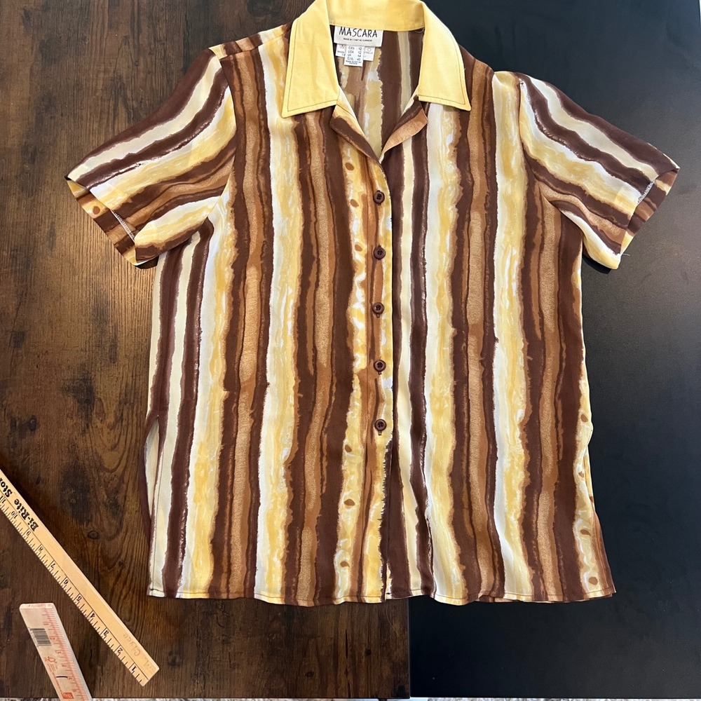 Mascara Vintage Brown Yellow Striped Short Sleeve Button Up Blouse Size 12 4394